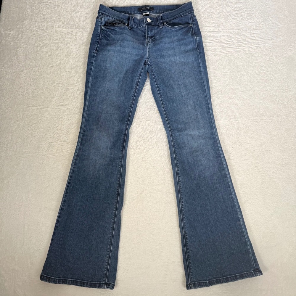 Y2K High Rise Bootcut Flare Jeans Medium Wash Blue Denim Zip Pockets Size 0S